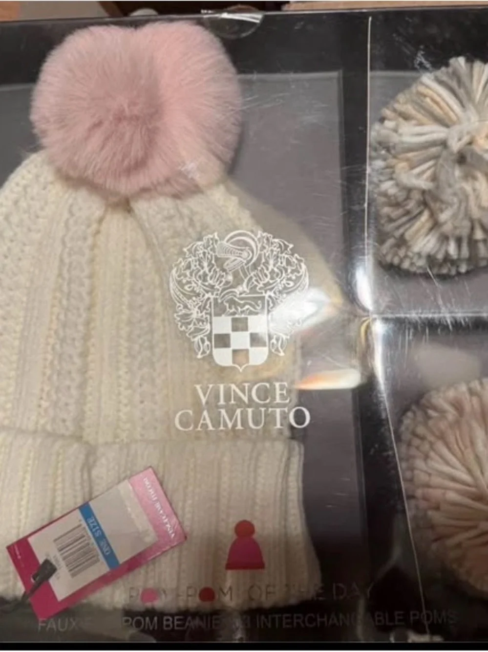 Vince Camuto Cream Knit Beanie w/assorted Pom Poms NEW
